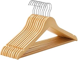 SONGMICS Wooden Hangers, Set of 10, Coat Hangers, Clothes Hangers, with Shoulder Notches, Anti-Slip Trousers Bar, 360° Swivel Hook, for Suits, Shirts, Coats, Natural CRW001-10