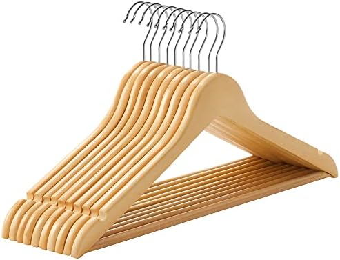 SONGMICS KleiderbÜgel Holz, 10er Set, BÜgel aus Massivholz, Einkerbungen im Schulterbereich, rutschfester Hosensteg, um 360° drehbarer Haken, fÜr AnzÜge, Hemden, naturfarben-silber