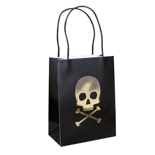 Sacs Cadeaux Pirate Noir et Or, 28,5 x 15 cm, Lot de 4, Design Tête de Mort Doré, Pour Anniversaire, Halloween et Fêtes