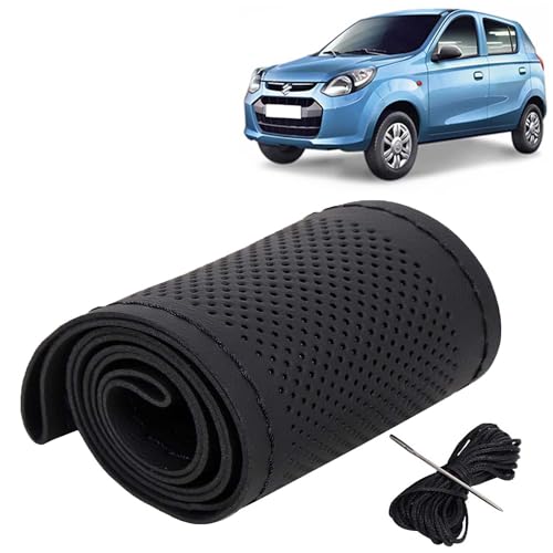 Image of KINGSWAY PU Leatherite Car Steering Cover Sewable Compatible with Maruti Suzuki Alto 800 (Year 2012 Onwards), Black Color with Black Thread, Pack of 1 with Sewing Needle and Thread