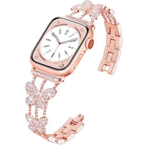 wipalor Butterfly Thin Metal Band Fit Bling Apple Watch Bands for Women 45mm 44mm 42mm 49mm, Cute Dressy Sparkly iWatch Bands for Glitter iPhone Watch Bands Series 9 SE 8 7 6 5 4 3 Ultra 2 1-Rose Gold