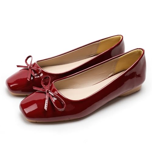 Dear Time Women's Casual Foldable Ballet Flats Square Toe Ballerina Flats Shoes Comfortable Burgundy Patent Leather Size 9.5
