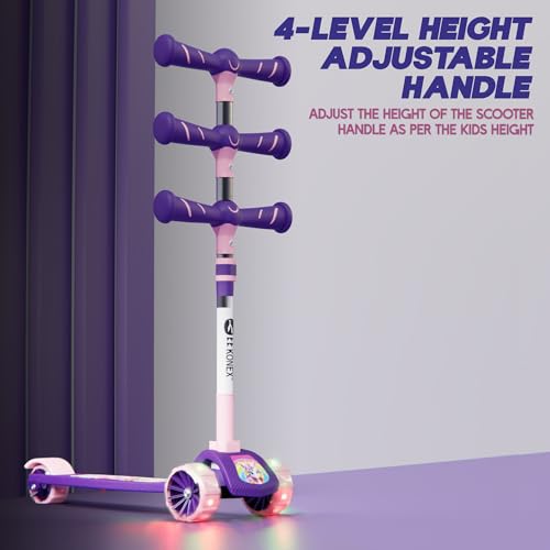 Image of Konex Kick Scooter for Kids (2+ Years) | 3 Broad Rubber Wheels for Smooth Ride | 4-Level Height Adjustable Handle | Foldable & Portable with Back Brake (Pink-Purple, LED)