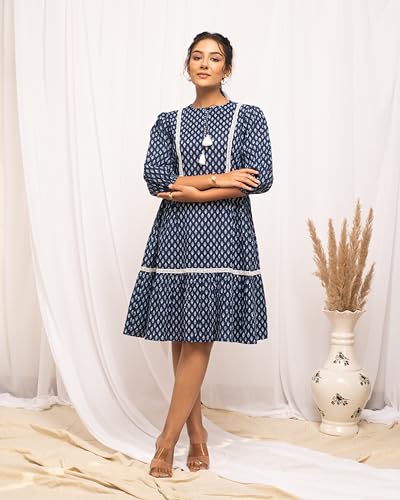 Image of FIORRA Women's Blue Cotton Floral Printed Dress