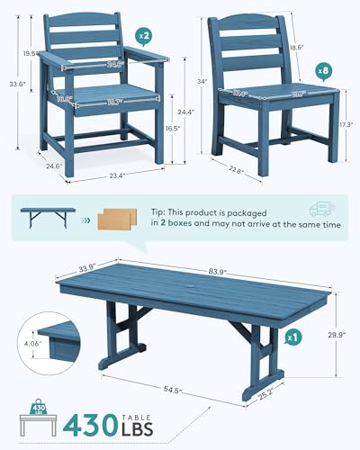 Image of SERWALL 10 Piece 84 inch HDPE Outdoor Dining Set for 8 with 6 Armless Chair, 2 Armchairs and Umbrella, Navy