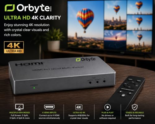 Image of HDMI Quad Multi Viewer 4x1, 4 HDMI Inputs to 1 HD Output, 4K@30Hz Input, 1080P Output, Multi Screen Splitter with IR Remote, Plug and Play for CCTV NVR, Gaming, PC and TV