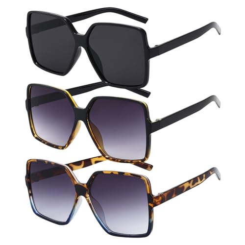 TYXHXTF 3 Pcs Lunettes de Soleil Femme Oversize Classique, UV400 Surdimensionnées Lunettes Classique Grand Cadre Designer Protection UV400