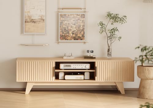 Image of Claiks Mid-Century Modern TV Stand for 65 inch TV, Wood Fluted TV Stand with Storage and Adjustable Shelves, Low Profile TV Console for Living Room, Oak