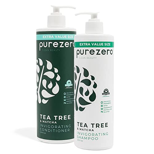 Purezero 20 oz Tea Tree & Matcha Shampoo and Conditioner Set - Nourishing & Invigorating Scalp Treatment - Zero Sulfates, Parabens, Dyes Vegan and Cruelty Free
