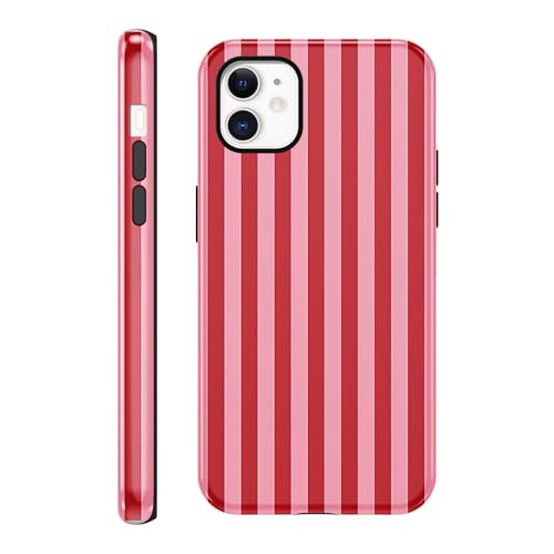 Coalbooliy Handyhülle Streifen für iPhone 12 Mini Aesthetic Sommer Gestreift Striped Frauen Frühling Bunt Mädchen Muster 2 in 1 Case Silikon Schutzhülle Print Design Bumper Kratzfest Cover Rot