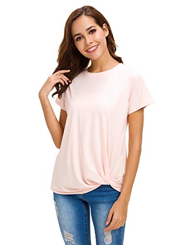 Lusmay Womens Short Sleeve Loose Twist Knot Front T Shirts Cotton Casual Blouse Pink #TOP3