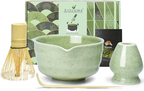 Artcome Service à thé matcha 4 pièces – Kit complet de cérémonie japonaise avec bol, fouet, porte-fouet, cuillère et guide, vert clair chiné