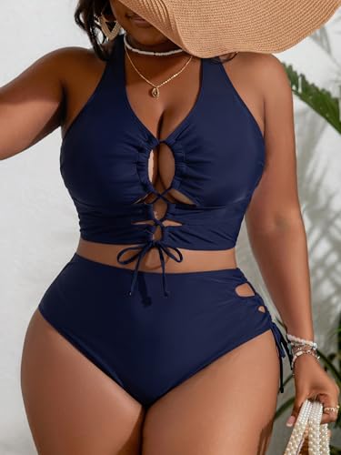Image of SOLY HUX Women's Plus Size Bikini Set Sexy Swimsuit Lace Up Tummy Control 2 Piece Bathing Suit