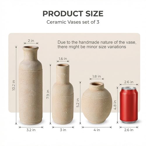 Rustic Farmhouse Vase Set of 3 - Ceramic Decorative Vases Home Decor - Pampas Grass Dried Fresh Flowers - for Centerpiece, Table, Mantel Entryway, Kitchen, Bedroom (White2) - Image 3