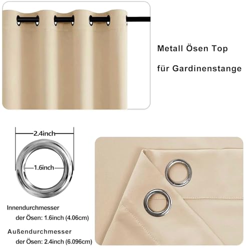 DWCN Vorhänge Blickdicht Verdunkelungsgardinen mit Ösen 2 Stücke Thermogardine für Wohnzimmer, Schlafzimmer, Gardinen Kurz, Biscotti Beige, 137x117cm(HxB)