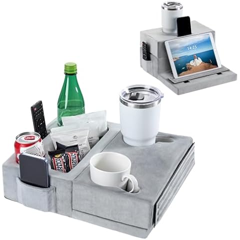 Luxspire Couch Cup Holder Tray, Couch Cup Holder Pillow with 8 Holes and Side Pocket, Tablet Pillow Couch Caddy for iPad/Drinks/Remote Control/Snacks Holder, Gray Cover