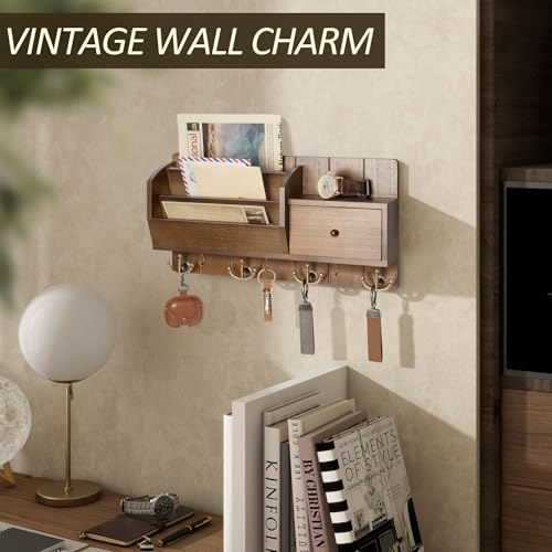 Key Holder Wall Mount with Mail Sorter - Modern Farmhouse Key and Mail Organizer with Hooks and Mini Drawer for Home Decor - Rustic Apartment Essentials for Home Improvement (Brown & Golden Hooks) by Rebee Vision - Image 4