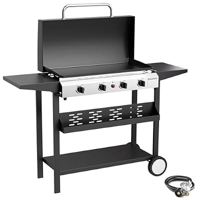 ADREAK 4 Burner BBQ Gas Griddle with Hood, 30 Inch Stainless Steel Portable Detachable Propane Griddle, 60,000 BTU Flat Top Grill with Side Shelves for Camping Tailgating, Silver