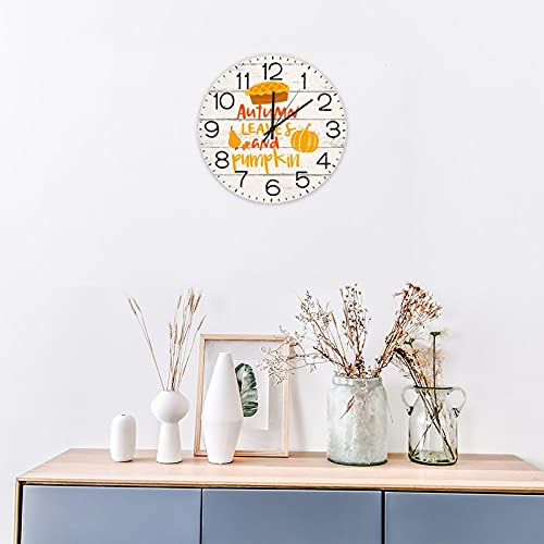 Autumn Leaves And Pumpkin Wall Clock Maple Leaves Vintage Fall Wood Clock Battery Operated Non-Ticking Clock Farmhouse Rustic Wood Wall Art Thanksgiving For Office School 10 Inch #TOP2