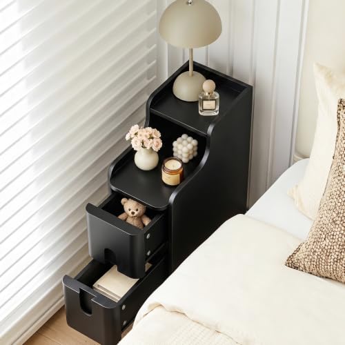 Image of FurSch Narrow Nightstand Set of 2, Wooden Small 2 Drawer, Black