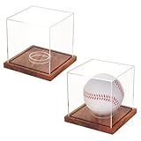 PH PandaHall 2 vitrinas de béisbol transparentes de acrílico para pelotas de tenis, soporte para pelotas de tenis con base de madera marrón y anillo para recuerdos y pelotas autografiadas