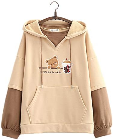 Kawaii Hoodie Sweatshirt Teen Girls Cute Bear Milk Tea Patch Embroidery Pullover Hooded Tops Fake Two-piece Plus Velvet Loose Hoodies