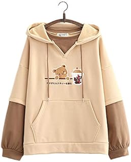 Kawaii Hoodie Sweatshirt Teen Girls Cute Bear Milk Tea Patch Embroidery Pullover Hooded Tops Fake Two-piece Plus Velvet Loose Hoodies