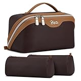 BOYATU Travel Makeup Bag Organizer Cosmetic Bag: 3 Pcs Set Make up Bags for Women with Handle - Waterproof Vegan Leather Toiletry Bags Travel Essentials Pouch with Compartments (D-01-Brown)