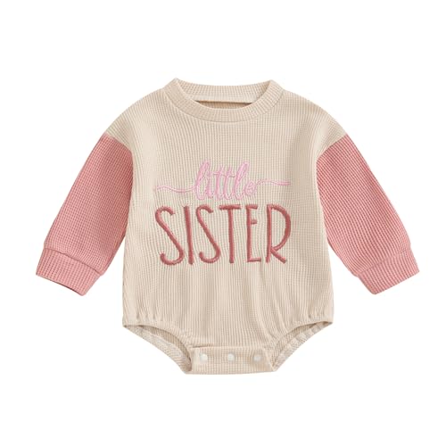 BeQeuewll Fall Toddler Baby Boy Girl Clothes Sister Brother Matching Outfit Letter Print Long Sleeve Sweatshirt Bubble Romper (Lil Sis-pink, 0-3 Months)