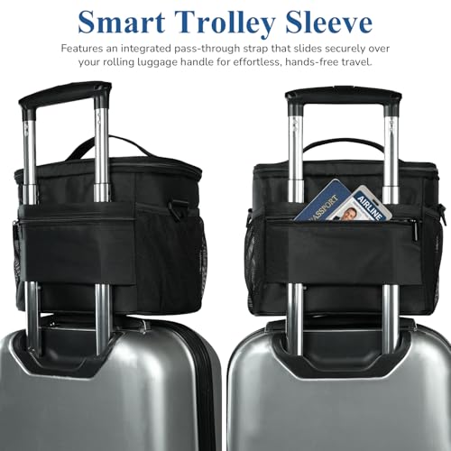 Gloppie Flight Crew Lunch Bag with Luggage Trolley Sleeve - Professional Insulated Cooler Bag for Flight Attendants & Pilots, Leakproof Lunch Box with Reinforced Structure for Travel & Work, Black