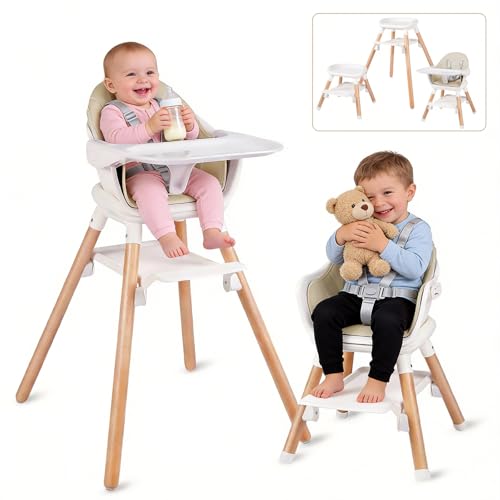 Image of 6 in 1 Baby High Chair, Convertible Wooden High Chairs, Beige | Booster Seat for Babies and Toddlers, Baby Feeding Chair with 5-Point Harness, Double Removable Tray & Adjustable Footrest