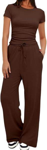 Tuta Donna Casual Elegante 2 Pezzi Top a Maniche Corta e Pantaloni a Gamba Larga con Tasche Coulisse Slim Fit Tuta Sportiva Donna Completa Due Pezzi Casual Ginnastica Estiva - 1