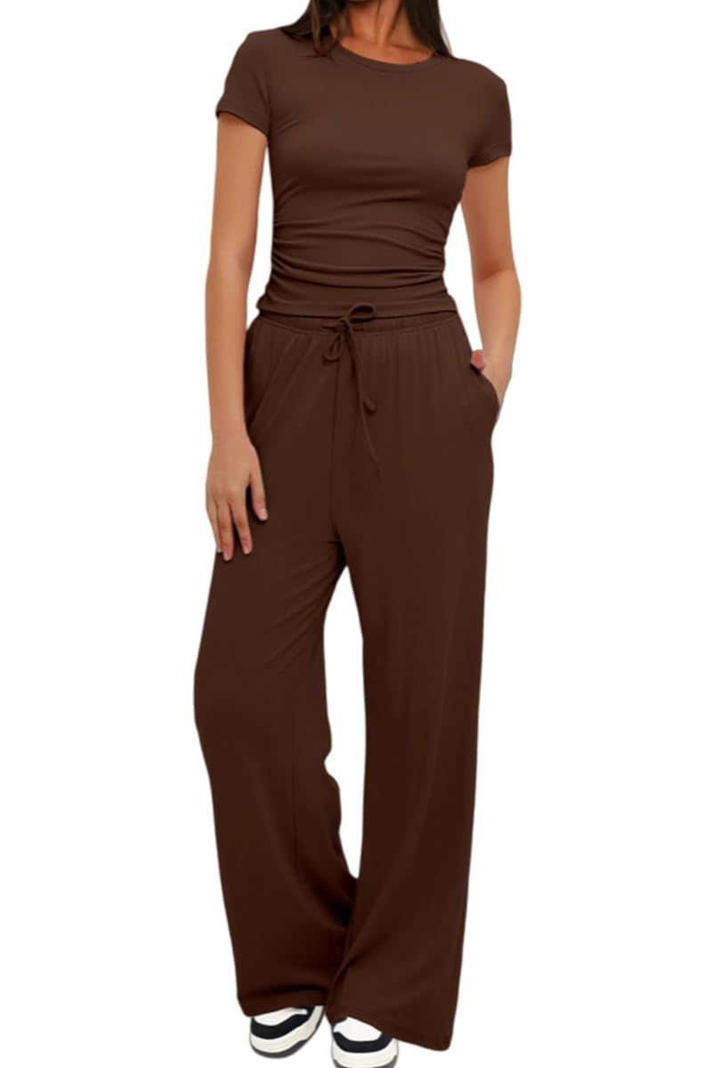 Tuta Donna Casual Elegante 2 Pezzi Top a Maniche Corta e Pantaloni a Gamba Larga con Tasche Coulisse Slim Fit Tuta Sportiva Donna Completa Due Pezzi Casual Ginnastica Estiva - 2