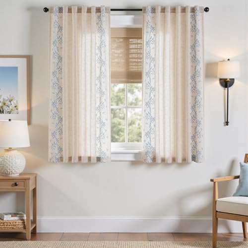 Image of jinchan Floral Linen Curtains, Back Tab 50x63 Inch, 2 Panels Blue