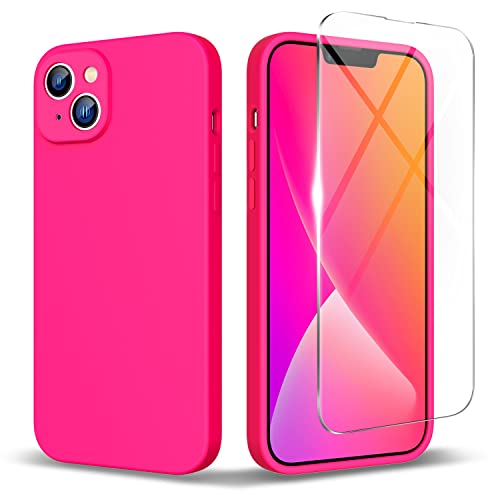 Zuslab Coque de téléphone en Silicone Liquide Compatible avec Apple iPhone 14, avec 1 Film Protecteur d'écran, Pare-Chocs de Protection Complet, Rose Fluo Cover