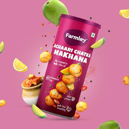 Image of Farmley Roasted and Flavoured Makhana | Achaari Chatka Makhana | Namkeen Snacks & Puffed Snacks | Healthy Snack | Cholesterol & Gluten Free | Rich In Protein & Fiber | Roasted in Olive Oil - 77g Jar
