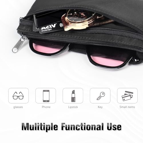 Tangoner Double Glasses Case Soft Zipper, Dual Sunglasses Case for Women, Eyeglass Organizer with Clip for 2 Pairs, Portable Slim Eyewear Storage Travel, Black