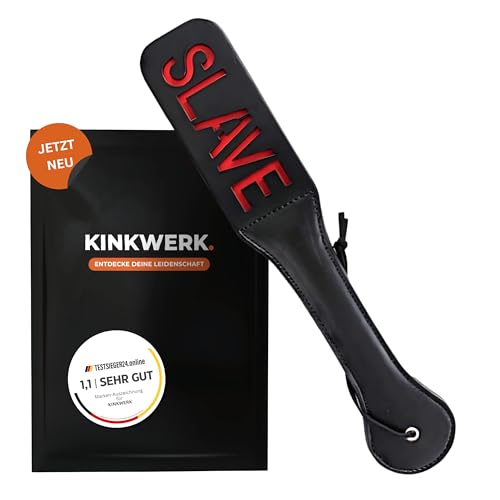 KINKWERK Spanking Paddel (Schriftzug) aus hochwertigem Kunstleder für Mann & Frau | Ergonomisches Design mit Handgelenkschlaufe | Multifunktionales BDSM-Zubehör (SLAVE)
