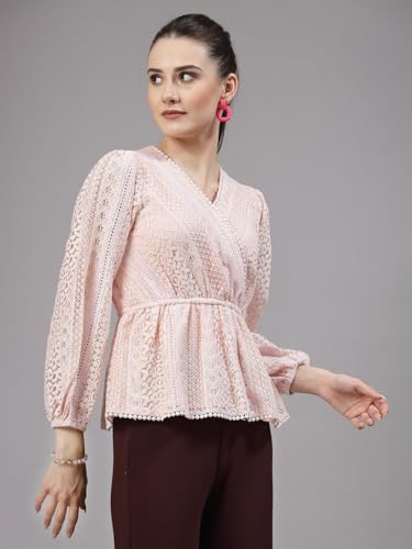 Image of Style Quotient Women Peach Lace Casual Top