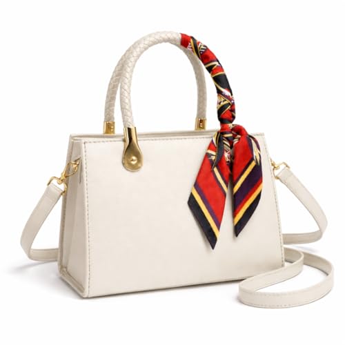 Bolsa Feminina Couro Sintético com Lenço Decorativo, 3 Compartimentos, Alça de Ombro Removível (Off White)