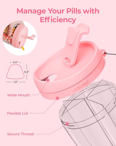 Image of AMOOS Large Pill Dispenser with 6 Compartments, Anti-Mix Pill Bottle Organizer with Wide Opening & Easy Retrieval, Vitamin Organizer for Travel, BPA-Free Pill Box with a Strap, Pink