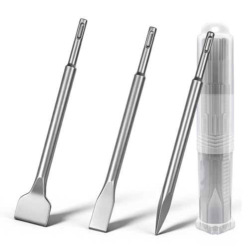 Zencantorous Set de 3 Burins SDS Plus, Jeu de Burins, avec Burin Pointu, Burins Plats et Burin Large, pour Travaux de Démolition et Rénovation, avec Seau de Rangement, pour Carrelage, Béton