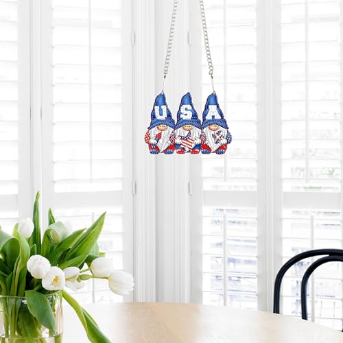 Image of AiYuanzsh 5D Diamond Painting Hanging Pendant Kit - Independence Day Gnome 5D Diamond Art Dots Acrylic Pendant Craft for Adults - Crystal Rhinestone Suncatcher for Door Wall Window Decor