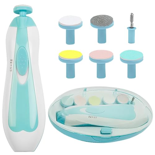 Bebe PRODUCTS Electric Baby Nail Trimmer File - Baby Nail Trimmer, Children, and Adults Toenails and Fingernails - LED Light Infant Nail Trimmer with 6 Replacement Heads and Storage Case - (Blue)