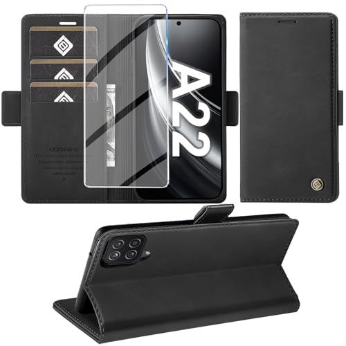 Giyer Handyhülle für Samsung Galaxy A22 5G Hülle mit Schutzfolie Galaxy A22 5G Hülle Wallet Leder Kartenfach Standfunktion Schutzhülle für Samsung A22 5G Flip Case Cover Klapphülle (Schwarz)