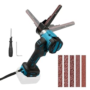 Akku Bandschleifer Kompatibel mit Makita 18V, 13.000 U/min Bürstenloser 360° Einstellbarer Akku Bandfeile mit Schleifarme 9 mm&13 mm, 20 Schleifbänder für Holz Metall Kunststoff (Blau, für Makita)