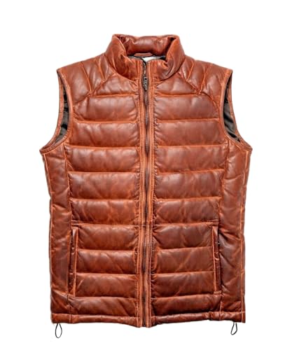 Image of Zulin Brown Distressed Quilted Puffer Down Leather Vest Men| Lightweight vest men | Down leather real men vest |