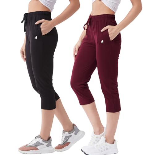 Modeve ® Women Solid Black and Wine Cotton Blend Pack of 2 Capri (Large)