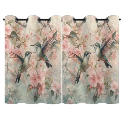 Qehuruxo Hummingbird Design Blackout Curtains for Bedroom and Kids Room, Grommet Thermal Insulated Drapes, Darkening Window Curtains for Living Room and Nursery, 55 x 53 Inches