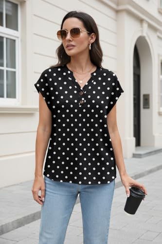 Lepunuo Womens Blouses Dressy Casual Trendy Summer Tops 2026 Formal Boho Button Down Cap Sleeve V Neck Shirts PD White Black — view 2